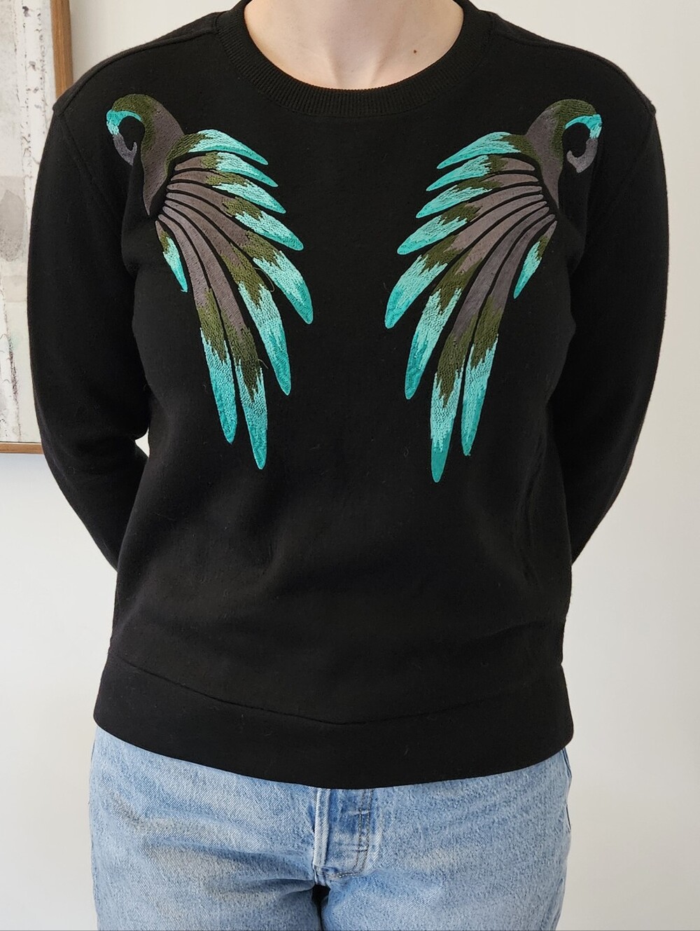 Maje Black Sweater with Teal and Olive Wing Appliqués